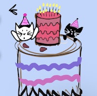 a drawing of a birthday cake with two cats on it