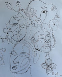 a drawing of a group of people with flowers on their faces