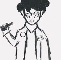 a drawing of a man in a lab coat holding a gun