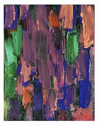 an abstract painting with purple, green, and blue colors